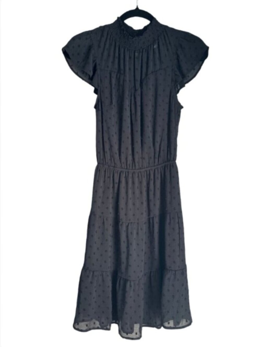 MONTEAU LOS ANGELES Swiss Dot Flutter Sleeve Dress Black S NWT